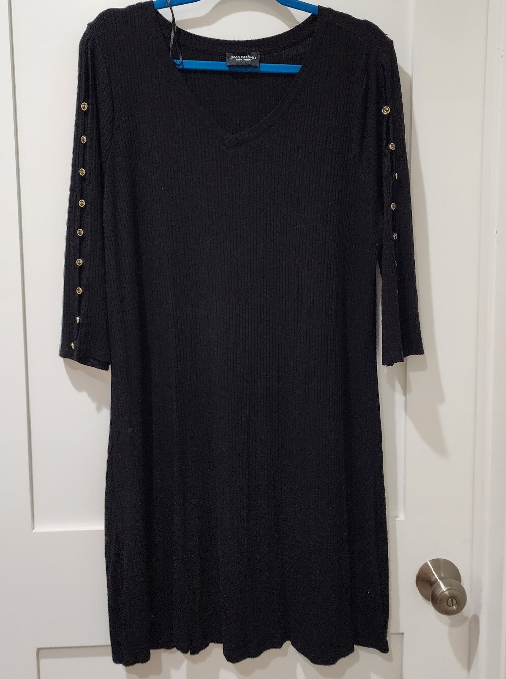 Isaac Misrahi Black Ribbed V-Neck Midi Dress with Gold Sleeve Buttons